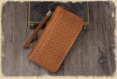 Leather Woven Long Zip Around Card Holder Wallet Purse