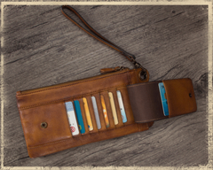 Rustic Leather Zip Long Checkbook Phone Wallet Purse With Strap