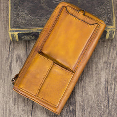 Distressed Leather Long Zipper Pocketbook Wallet Purse