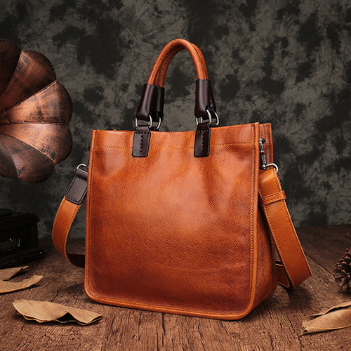 Brown Square-shaped Genuine Leather Bag