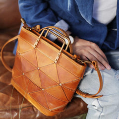 Brown Leather Bucket Bag Handbag Bucket Bag With Zipper