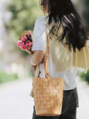 Women's Woven Leather Bucket Bag Genuine Leather Bucket Shoulder Bag 
