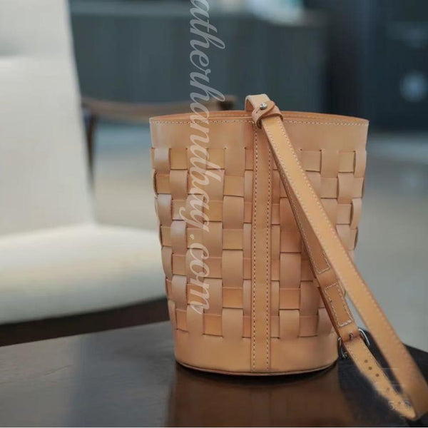 Women's Woven Leather Bucket Bag Genuine Leather Bucket Shoulder Bag 