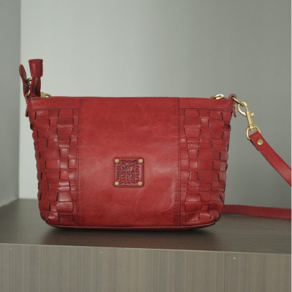 Red Genuine Leather Woven Shoulder Bag Zip Woven Leather Shoulder Bag Womens 