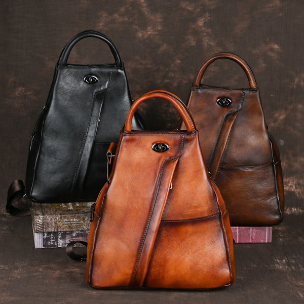 Vintage Brown Genuine Leather Backpack Purse Anti Theft Leather Backpack Women 