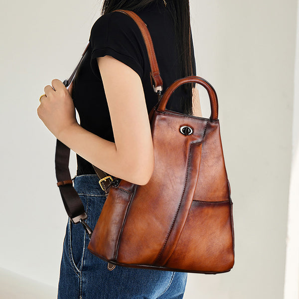 black Distressed Cowhide Leather Backpack Anti Theft Leather Backpack Women