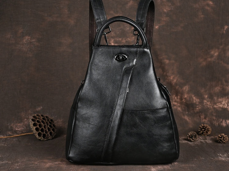 black Distressed Cowhide Leather Backpack Anti Theft Leather Backpack Women