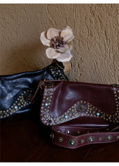 Black Leather Western Rivet Bag Shoulder Bag Purse For Ladies