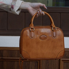 Brown Small Leather Bowling Bag Purse