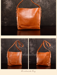 Leather Hobo Bag Brown Genuine Leather Bucket Bag Hobo Shoulder Purse Womens 