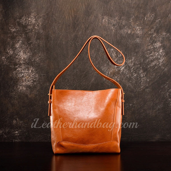 Leather Hobo Bag Brown Genuine Leather Bucket Bag Hobo Shoulder Purse Womens 