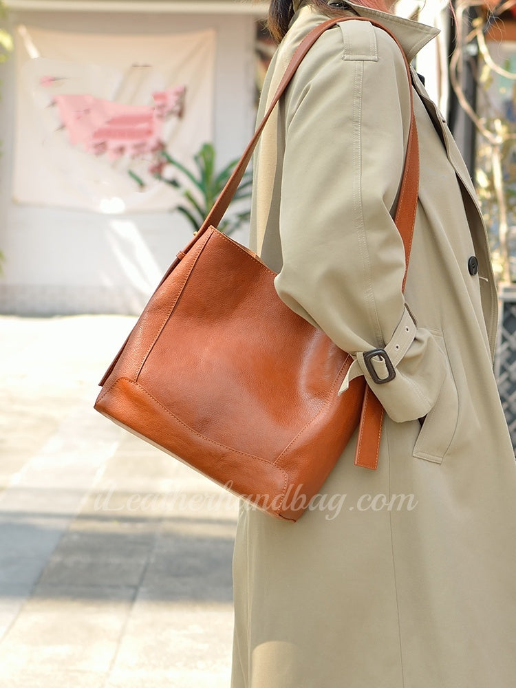 Leather Hobo Bag Brown Genuine Leather Bucket Bag Hobo Shoulder Purse Womens 