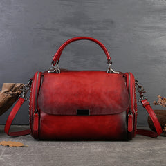 Retro Genuine Leather Boston Bag red Satchel Purse Women's Satchel 