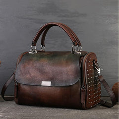 Retro Genuine Leather Boston Bag coffee Satchel Purse Women's Satchel 