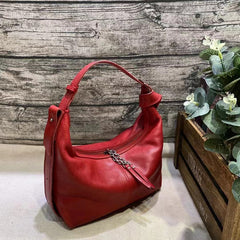 Women's Soft Genuine Leather Hobo Bag red Cowhide Leather Crescent Shoulder Bag 