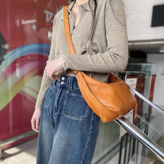 Women's Soft Genuine Leather Hobo Bag brown Cowhide Leather Crescent Shoulder Bag 