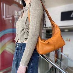 Women's Soft Genuine Leather Hobo Bag Cowhide Leather Crescent Shoulder Bag 