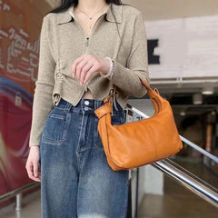 Women's Soft Genuine Leather Hobo Bag Cowhide Leather Crescent Shoulder Bag 