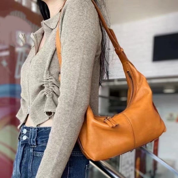 Women's Soft Genuine Leather Hobo Bag Cowhide Leather Crescent Shoulder Bag 