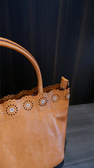 Floral Hollow Carving Leather Small Tote Bag