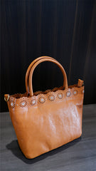 Tan Floral Hollow Carving Leather Small Tote Bag