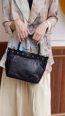 Black Floral Hollow Carving Leather Small Tote Bag