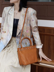 Tan Floral Hollow Carving Leather Small Tote Bag