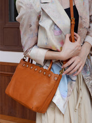 Tan Floral Hollow Carving Leather Small Tote Bag