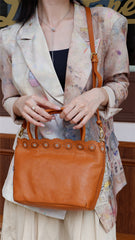 Tan Floral Hollow Carving Leather Small Tote Bag