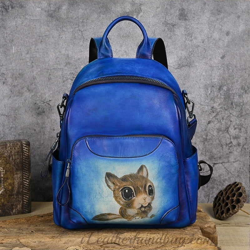 Women's Cowhide Leather Backpack Vintage Squirrel Hand painted Leather Backpack