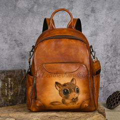 Women's Cowhide Leather Backpack brown Vintage Squirrel Hand painted Leather Backpack