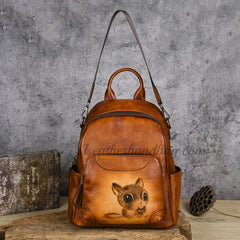 Women's Cowhide Leather Backpack Vintage Squirrel Hand painted Leather Backpack