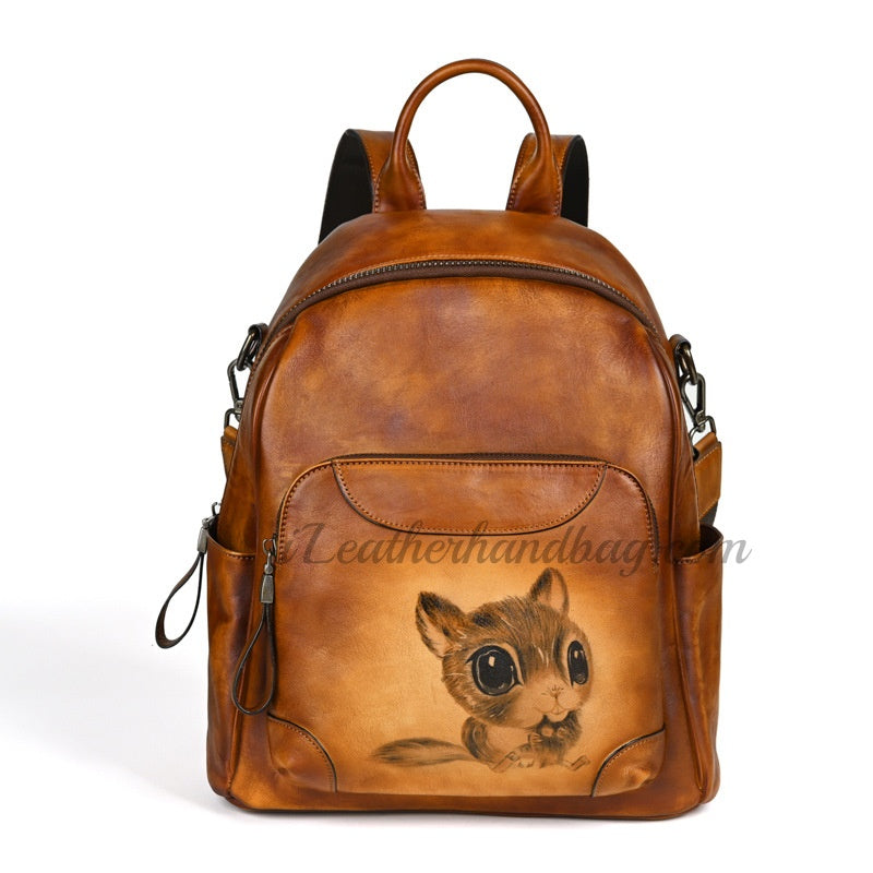 Squirrel Hand Painted Leather Backpack Genuine Leather Backpack Bag Womens 