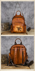 Women's Cowhide Leather Backpack Vintage Squirrel Hand painted Leather Backpack