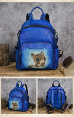 Women's Cowhide Leather Backpack Vintage Squirrel Hand painted Leather Backpack