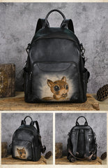 black Genuine Leather Backpack Bag Womens Squirrel Hand Painted Leather Backpack 