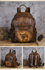 Squirrel Hand Painted Leather Backpack Genuine Leather Backpack Bag Womens 
