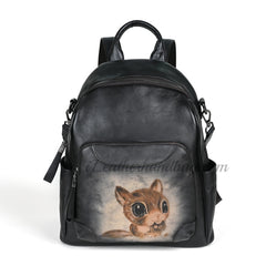 Squirrel Hand Painted Leather Backpack Genuine Leather Backpack Bag Womens 