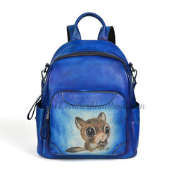 Squirrel Hand Painted Leather Backpack Genuine Leather Backpack Bag Womens 