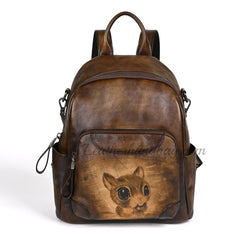 Women's Cowhide Leather Backpack Vintage Squirrel Hand painted Leather Backpack