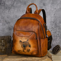 Women's Cowhide Leather Backpack brown Vintage Squirrel Hand painted Leather Backpack