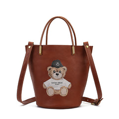 Small Genuine Leather Bucket Crossbody Bag Purse With Teddy Bear Print 