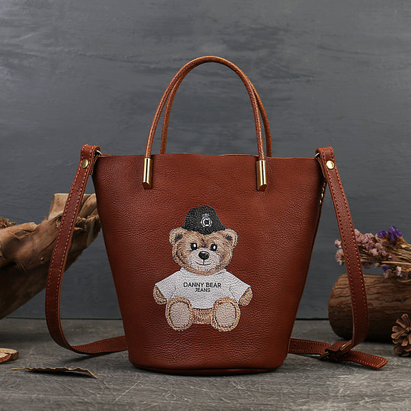 cute Genuine Leather Bucket Crossbody Bag Purse With Teddy Bear Print 