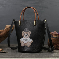 cute Small Genuine Leather Bucket Crossbody Bag Purse With Teddy Bear Print 