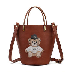 Small Genuine Leather Bucket Crossbody Bag Purse With Teddy Bear Print 