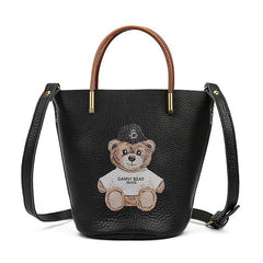 black Genuine Leather Bucket Crossbody Bag Purse With Teddy Bear Print 