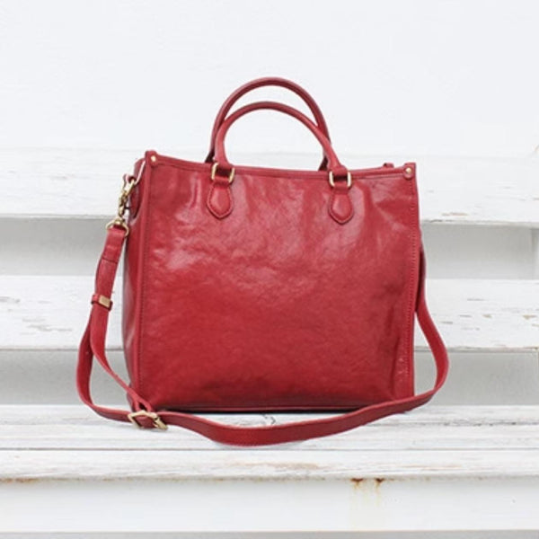 Red Leather Crossbody Tote Bag Leather Tote Purse With Zipper Womens 