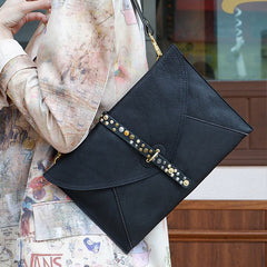 Genuine Leather Envelope Clutch With Strap In Black Brown