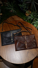 Genuine Leather Envelope Clutch With Strap In Black Brown