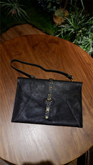 Genuine Leather Envelope Clutch With Strap In Black Brown